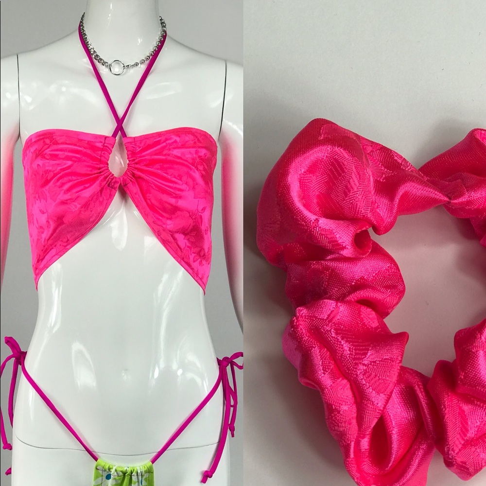90s 00s style pink floral halter top scrunchie set